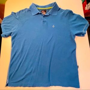 Volcom Blue Mens Large Size Polo Shirt with Zig Zag Cross Stitch Hems